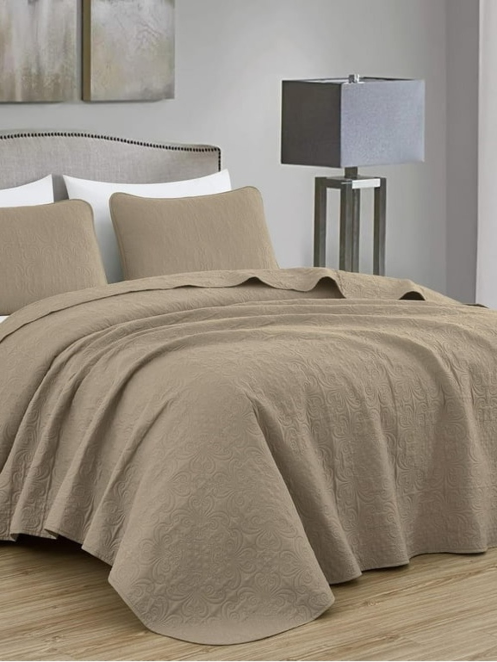 3 piece Quilted Bedspread Set in Taupe oversized king